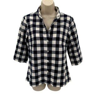 Haldora Rhinebeck New York Womens Navy White Checkered Abalone Button Up Shirt S